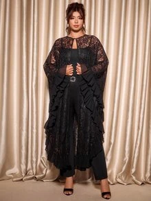 Cravure Halloween Black Lace Sheer Long Cover Up Plus Size Loose Cape Style Outerwear Chiffon Patchwork Ruffle Hem Daily Party Versatile Abaya Cover-Up - Black - View 5