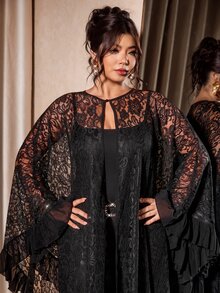 Cravure Halloween Black Lace Sheer Long Cover Up Plus Size Loose Cape Style Outerwear Chiffon Patchwork Ruffle Hem Daily Party Versatile Abaya Cover-Up - Black - View 7