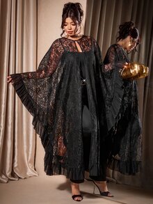 Cravure Halloween Black Lace Sheer Long Cover Up Plus Size Loose Cape Style Outerwear Chiffon Patchwork Ruffle Hem Daily Party Versatile Abaya Cover-Up - Black - View 6