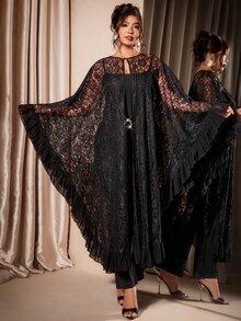 Cravure Halloween Black Lace Sheer Long Cover Up Plus Size Loose Cape Style Outerwear Chiffon Patchwork Ruffle Hem Daily Party Versatile Abaya Cover-Up - Black - View 4