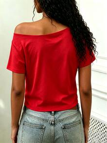 Rovax Women's Solid Color Fitted Cropped Asymmetric Short Sleeve T-Shirt - Red - View 3