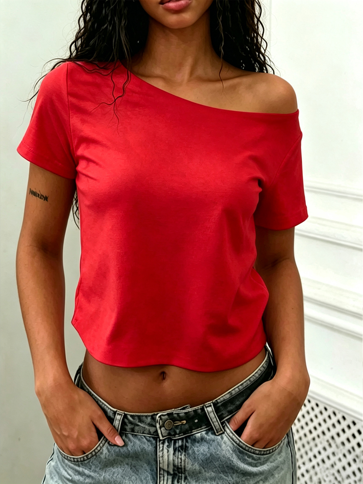 Rovax Women's Solid Color Fitted Cropped Asymmetric Short Sleeve T-Shirt - Red - View 4