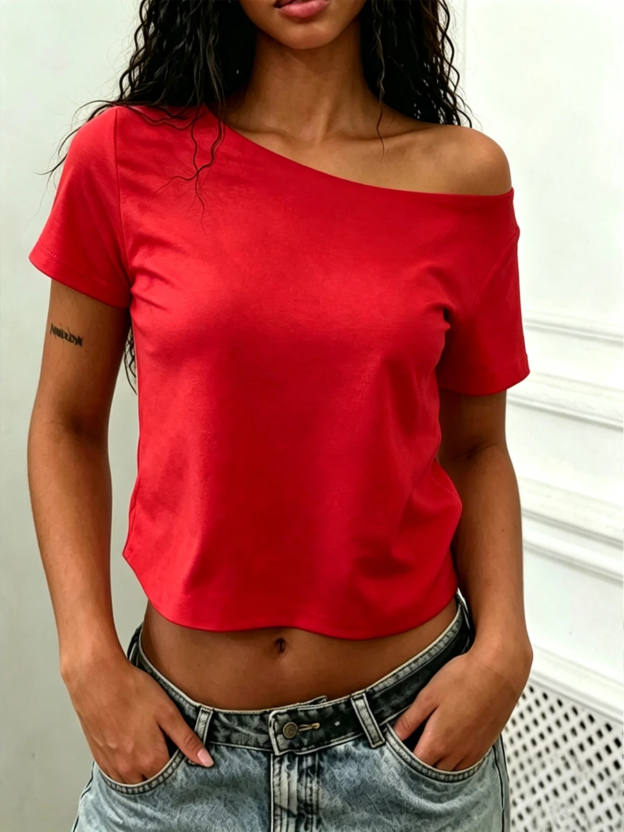 Rovax Women's Solid Color Fitted Cropped Asymmetric Short Sleeve T-Shirt