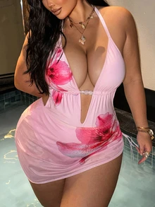 SHEIN Swim 2026夏季大尺碼一件式泳衣2件套度假海灘泳裝女款 - 粉色 - 查看 4