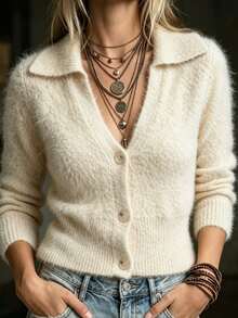 SHEIN Cardigan Rajut Bulu Imitasi Gaya Prancis Musim Gugur/Dingin Wanita, Leher V Dalam, Minimalis, Warna Polos, Atasan Sweater Serbaguna - Aprikot - View 6