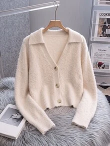 SHEIN Cardigan Rajut Bulu Imitasi Gaya Prancis Musim Gugur/Dingin Wanita, Leher V Dalam, Minimalis, Warna Polos, Atasan Sweater Serbaguna - Aprikot - View 3