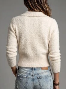 SHEIN Cardigan Rajut Bulu Imitasi Gaya Prancis Musim Gugur/Dingin Wanita, Leher V Dalam, Minimalis, Warna Polos, Atasan Sweater Serbaguna - Aprikot - View 2