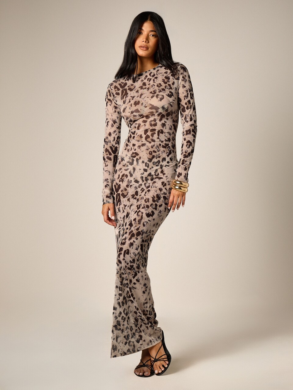 AiiRZ Leopard Print Long Sleeve Mesh Maxi Dress Cover Up With Crew Neckline Body Con Fit Party Night Out