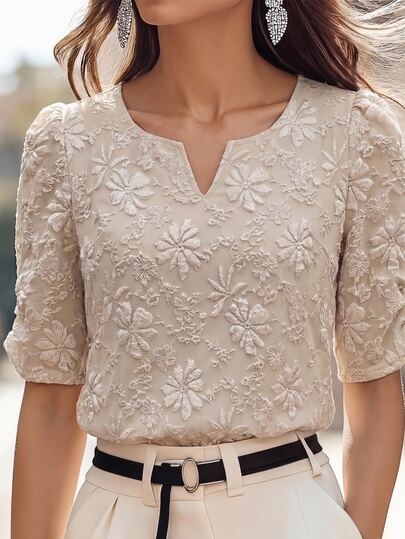 Medorina Jacquard V-Neck Blouse For Middle-Aged Elderly Women,Summer Tops Outfits,Festival Women,Mother's Day,Elegant Women,Brown Top Mother Of The Bride