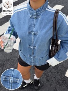 Muchica Plus Size Women's Colorblock Casual Versatile Daily Denim Jacket,Striped Drop Shoulder Long Sleeve Zip-Up Jacket With Frog Buttons Women's Winter Jack - Blue - View 1