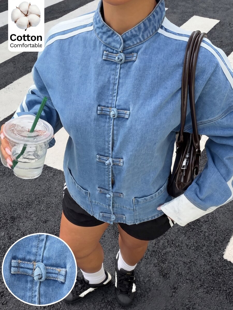 Muchica Plus Size Women's Colorblock Casual Versatile Daily Denim Jacket,Striped Drop Shoulder Long Sleeve Zip-Up Jacket With Frog Buttons Women's Winter Jack - Blue - View 1