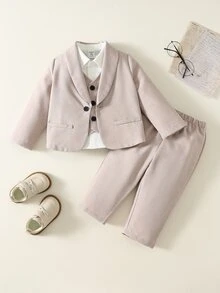 SHEIN 男嬰學院風可愛休閒杏色西裝外套背心長版大衣三件套 - 彩色 - 查看 5