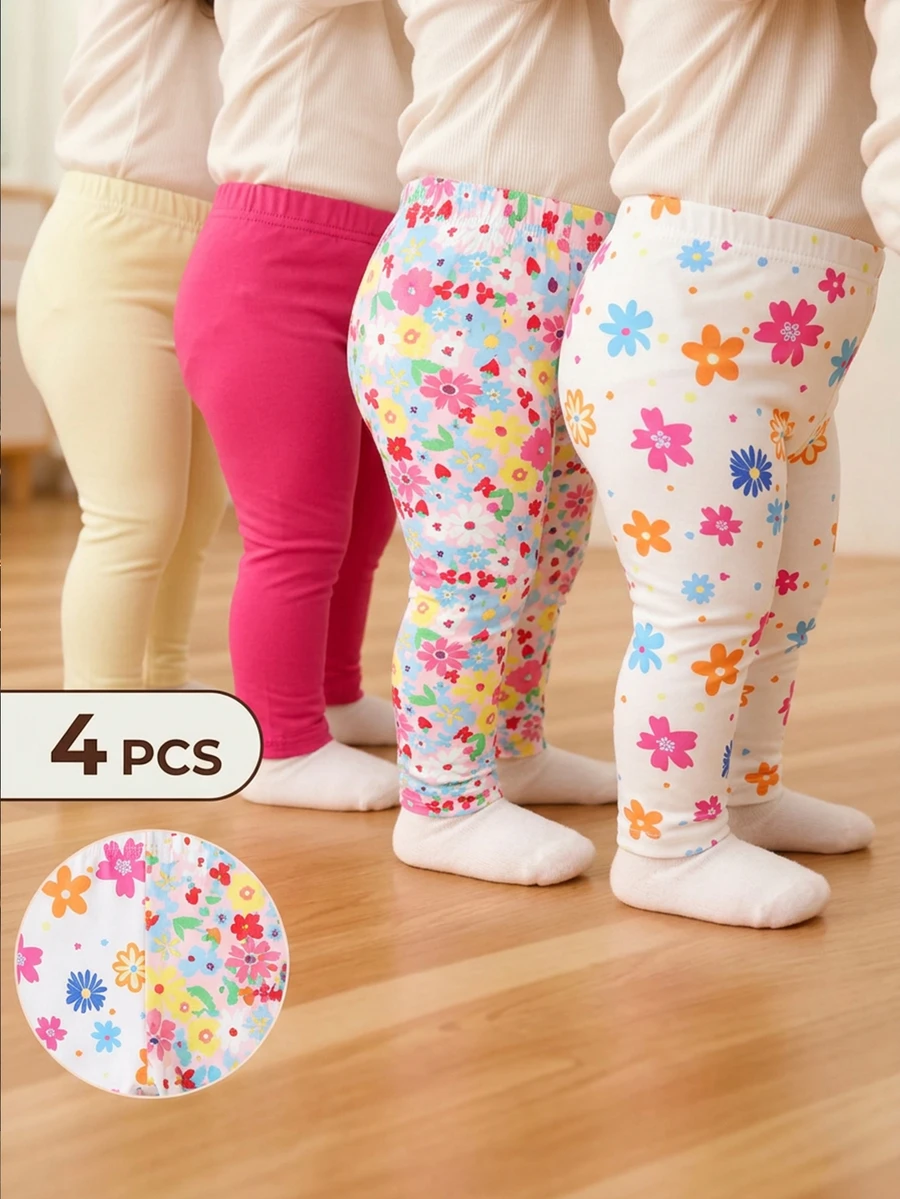 SHEIN Playful Pals 女嬰 4 件組打底褲 秋季套裝 花卉印花 素色長褲 粉色 黃色 白色 多色彈性腰頭 彈力褲 冬季休閒戶外穿著 - 彩色 - 查看 1