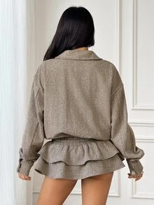 SHEIN PETITE 女款純色百褶休閒派對迷你洋裝 - 棕色 - 查看 11