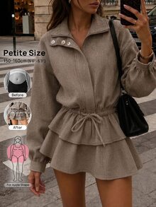 SHEIN PETITE 女款純色百褶休閒派對迷你洋裝 - 棕色 - 查看 1