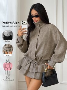 SHEIN PETITE 女款純色百褶休閒派對迷你洋裝 - 棕色 - 查看 12