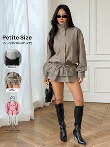 SHEIN PETITE 女款純色百褶休閒派對迷你洋裝 - 棕色 - 查看 9