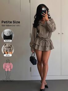 SHEIN PETITE 女款純色百褶休閒派對迷你洋裝 - 棕色 - 查看 7