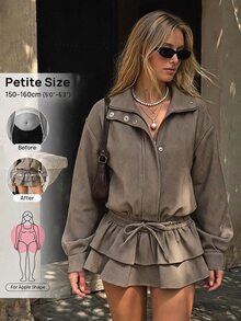 SHEIN PETITE 女款純色百褶休閒派對迷你洋裝 - 棕色 - 查看 5