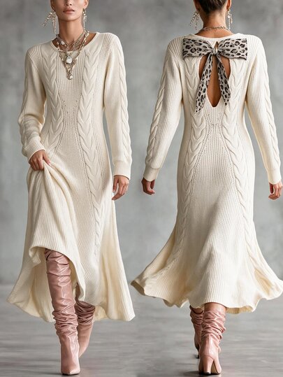 Breezaya Autumn/Winter Elegant Backless Leopard Print Butterfly Cable Knit Vintage Long Sweater Dress For Women, Casual Commute