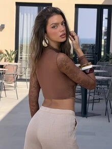 Sindi Myftari Women Floral Lace Cutout Long Sleeve Cropped Fitted Fashion Blouse Fall Cloth For Women - Brown - View 3