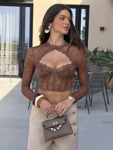 Sindi Myftari Women Floral Lace Cutout Long Sleeve Cropped Fitted Fashion Blouse Fall Cloth For Women - Brown - View 5