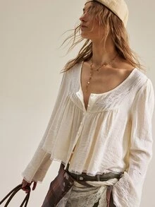 SHEIN Women's Simple Solid Color Contrast Lace Trim Top - Apricot - View 6