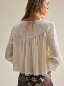 SHEIN Women's Simple Solid Color Contrast Lace Trim Top - Apricot - View 2