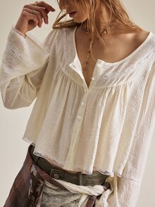 SHEIN Women's Simple Solid Color Contrast Lace Trim Top - Apricot - View 5