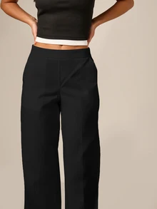 AiiRZ Wide Leg Linen Feel Tailored Trouser With Elastic Waistband High Waist Palazzo Pants For Office And Casual Wear - Black - View 3