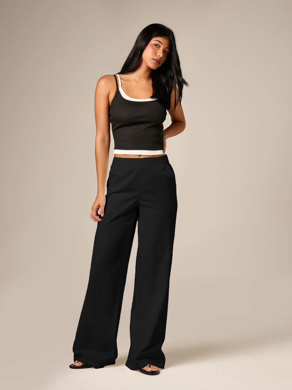 AiiRZ Wide Leg Linen Feel Tailored Trouser With Elastic Waistband High Waist Palazzo Pants For Office And Casual Wear
