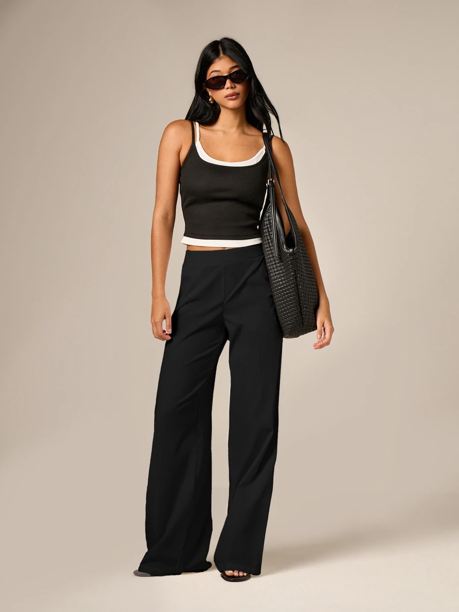 AiiRZ Wide Leg Linen Feel Tailored Trouser With Elastic Waistband High Waist Palazzo Pants For Office And Casual Wear - Black - View 1