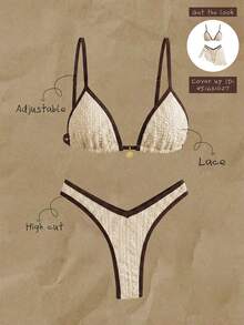 Elavelle Women's Summer/Fall Jacquard Lace Fabric Halter Elegant Brown Bikini Set Beach Party Beige Sexy Tropical Going Out - Apricot - View 1