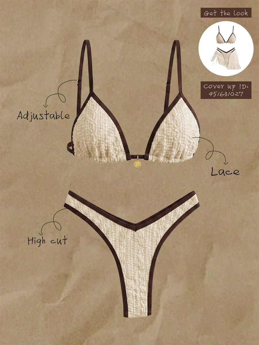 Elavelle Women's Summer/Fall Jacquard Lace Fabric Halter Elegant Brown Bikini Set Beach Party Beige Sexy Tropical Going Out - Apricot - View 1