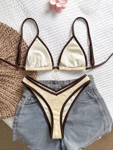 Elavelle Women's Summer/Fall Jacquard Lace Fabric Halter Elegant Brown Bikini Set Beach Party Beige Sexy Tropical Going Out - Apricot - View 3