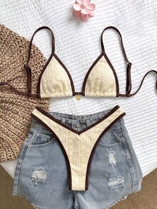 Elavelle Women's Summer/Fall Jacquard Lace Fabric Halter Elegant Brown Bikini Set Beach Party Beige Sexy Tropical Going Out - Apricot - View 2