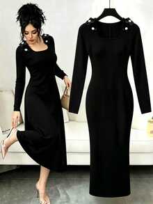 GlowEve CURVE Vestido de punto acanalado con detalle de botones grandes para otoño - Negro - Ver 1