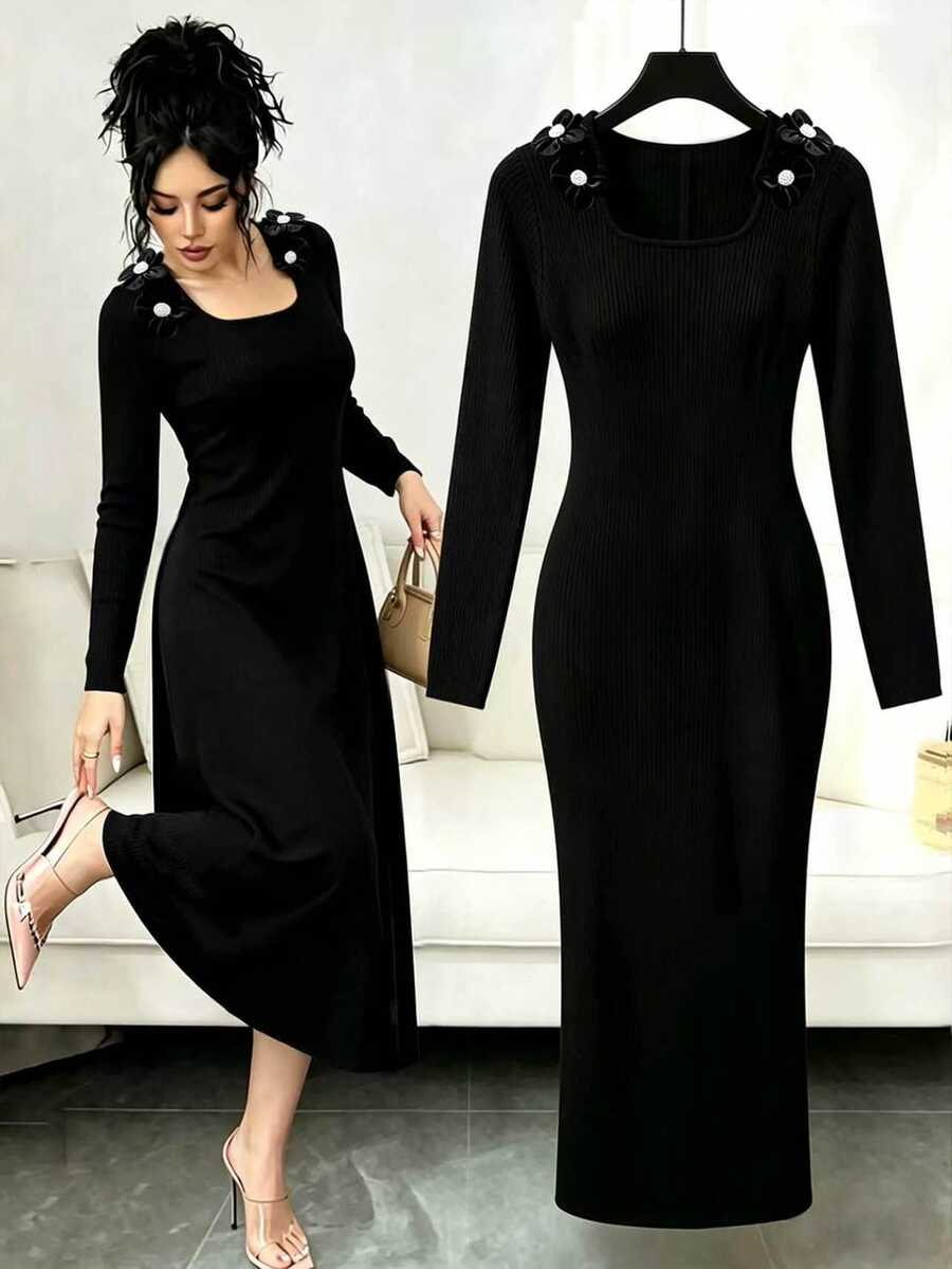GlowEve CURVE Vestido de punto acanalado con detalle de botones grandes para otoño - Negro - Ver 1