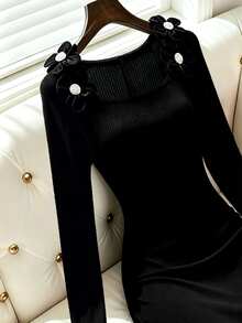 GlowEve CURVE Vestido de punto acanalado con detalle de botones grandes para otoño - Negro - Ver 6