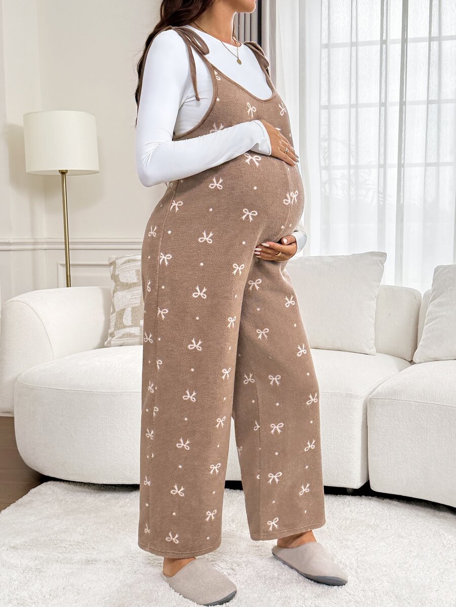 Slowluna Maternity Bow Pattern Shoulder Knot Wide Leg Overall Jumpsuit - Brown - View 1