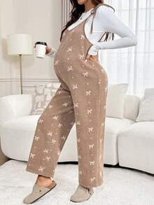 Slowluna Maternity Bow Pattern Shoulder Knot Wide Leg Overall Jumpsuit - Brown - View 8