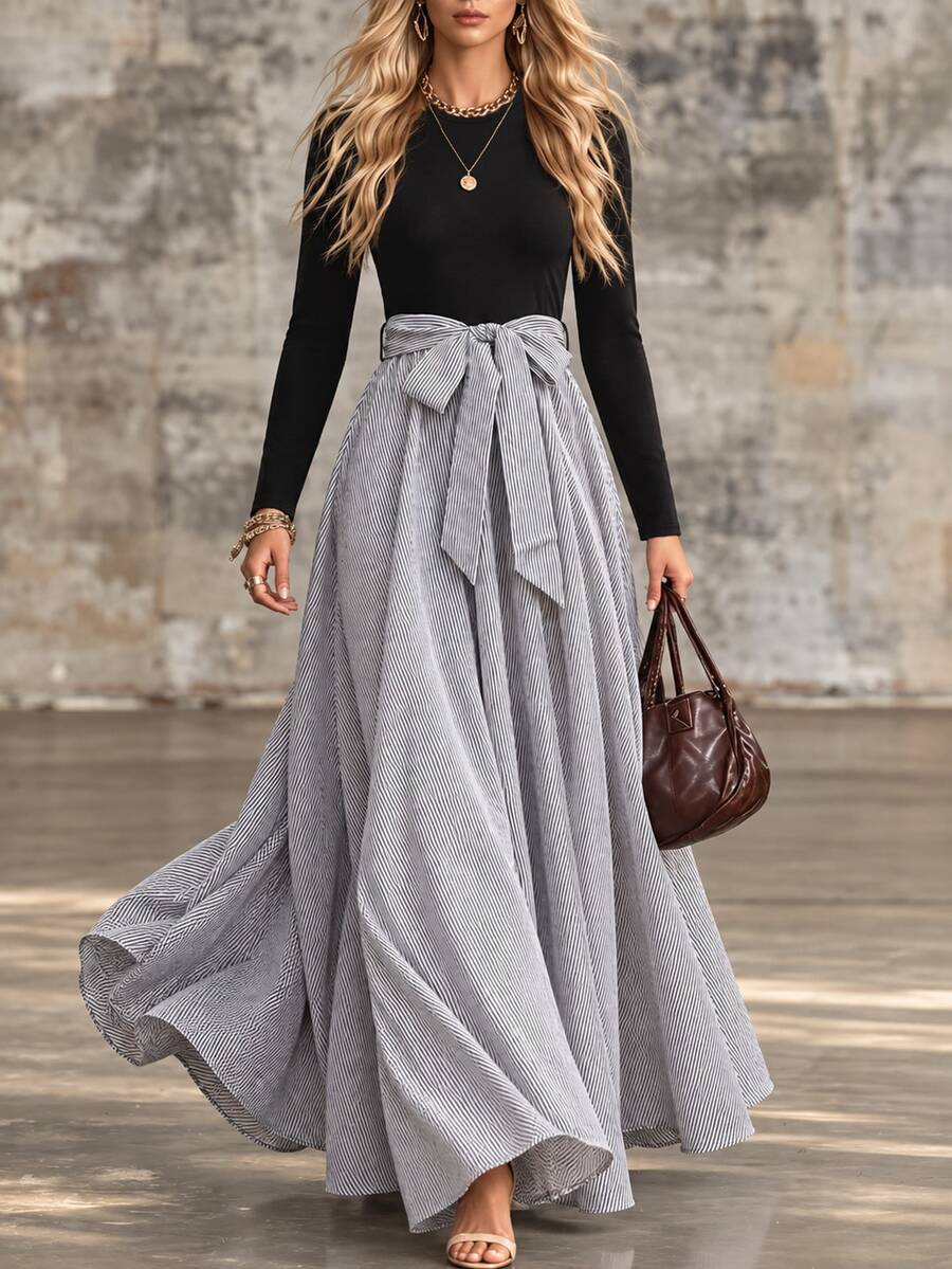 Louniche Fall Clothes For Women Black Grey Striped Colorblock Tie Waist Long Sleeve Flowy Dress - Black - View 1