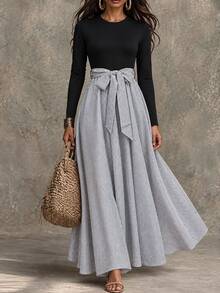 Louniche Fall Clothes For Women Black Grey Striped Colorblock Tie Waist Long Sleeve Flowy Dress - Black - View 3