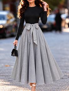 Louniche Fall Clothes For Women Black Grey Striped Colorblock Tie Waist Long Sleeve Flowy Dress - Black - View 4