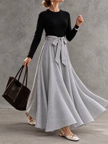 Louniche Fall Clothes For Women Black Grey Striped Colorblock Tie Waist Long Sleeve Flowy Dress - Black - View 5