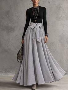 Louniche Fall Clothes For Women Black Grey Striped Colorblock Tie Waist Long Sleeve Flowy Dress - Black - View 1