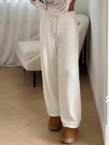 Aloruh Women's Solid Color Drawstring Waist Straight Leg Loose Casual Knit Pants,Cozy,University,Going Out - Apricot - View 2