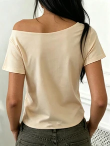 SHEIN 女士休闲日常通勤简约纯色不对称肩部修身短款T恤，夏季 - 米色 - 查看 3