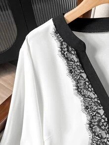 Modelyn Áo blouse nữ tay dài bèo nhún phối ren thanh lịch đa năng phong cách công sở mùa xuân thu size lớn - trắng - Xem 6