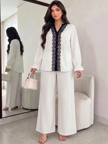 Modelyn Áo blouse nữ tay dài bèo nhún phối ren thanh lịch đa năng phong cách công sở mùa xuân thu size lớn - trắng - Xem 1